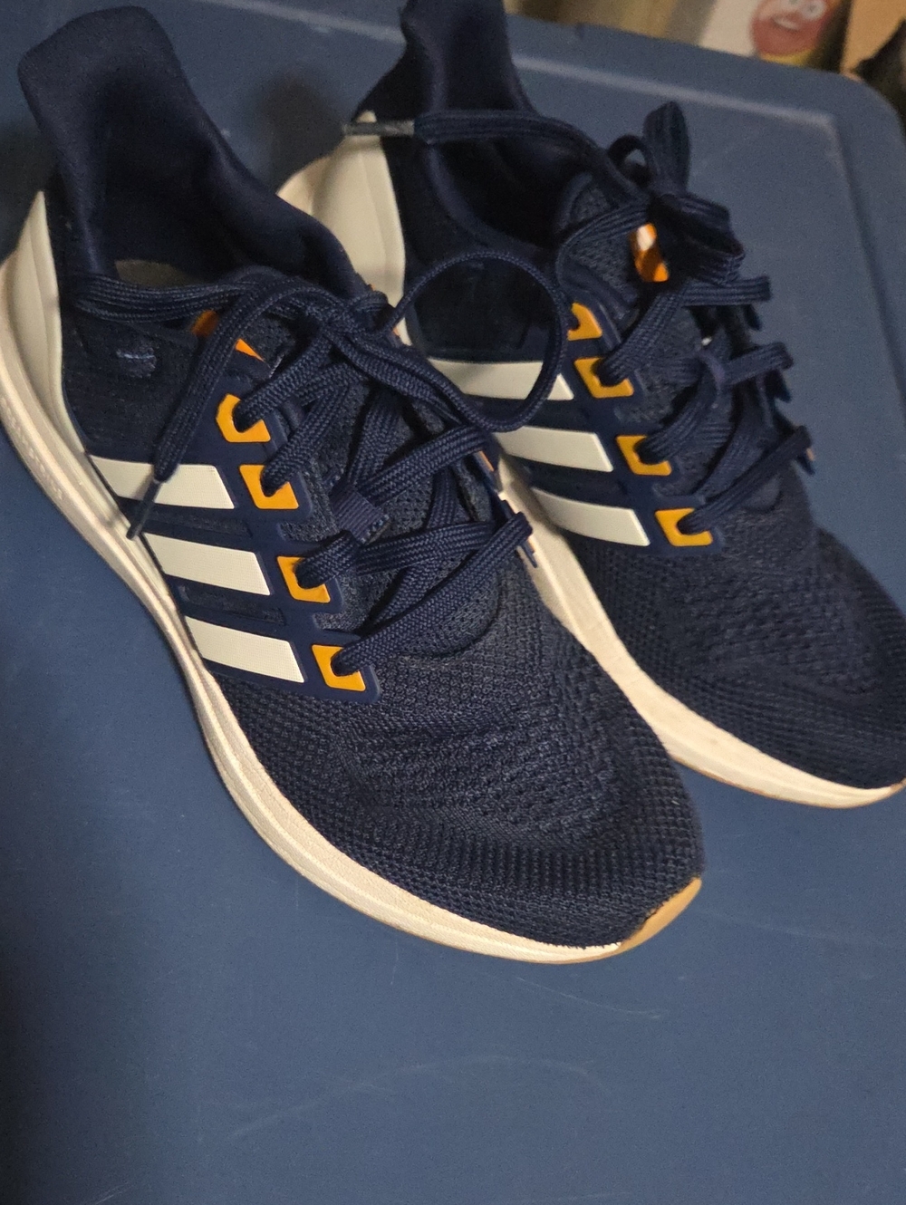 adidas Kids Navy Blue Sneakers with White Stripes and Yellow Accents Size 7Y